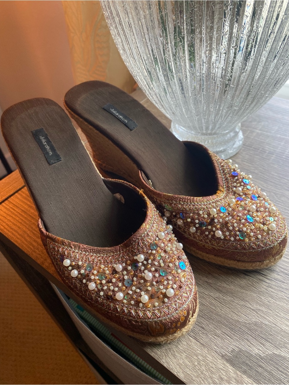 Xhilaration Copper Beaded Embellished Wedge Mules